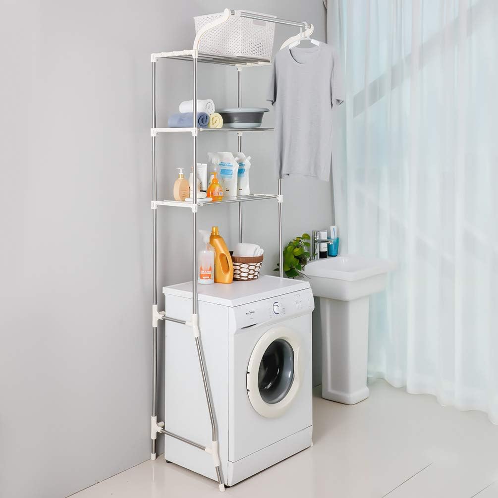 BAOYOUNI 3-Tier Laundry Room Shelf Over Washing Machine Storage Utility Rack Above Toilet Washer Dryer Clothes Hanger Width Adjustable Bathroom Organization Space Saving Shelving Units, Ivory