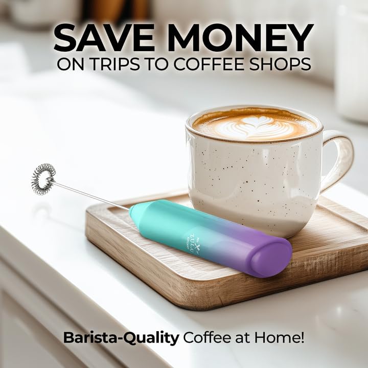 Zulay Kitchen Powerful Milk Frother Wand - Mini Handheld Stainless Steel - Battery Operated Drink Mixer for Coffee, Lattes, Cappuccino, Matcha - Froth Mate Gift - Aurora