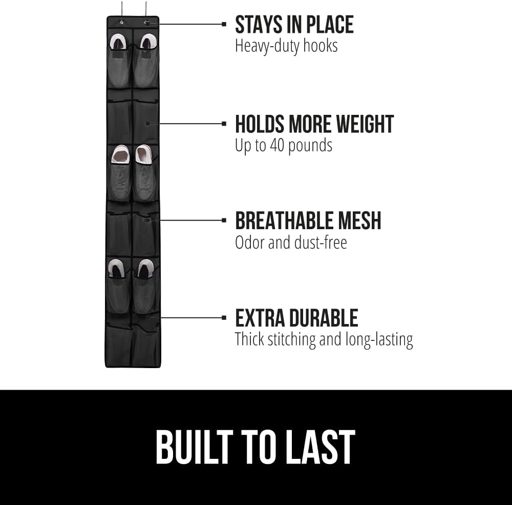 GORILLA GRIP Over the Door Shoe Organizer, 12 Large Breathable Mesh Pockets, Space Saving Hanging Storage Holder, 2 Hook Closet Rack Hanger, Hangs on Closets for Shoes, Accessories, 64H x 9.5W Black