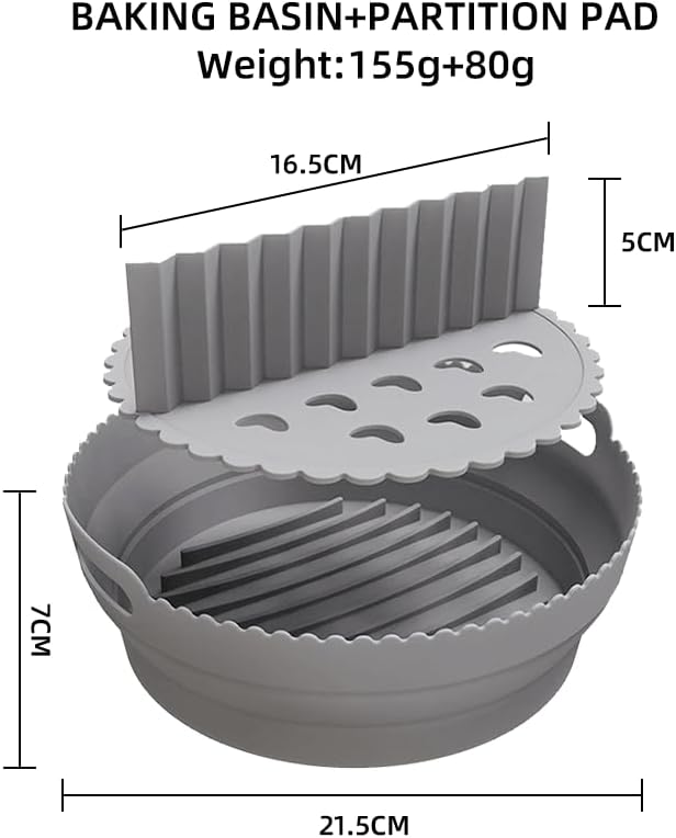 Silicone Air Fryer Liner 8.6" Round for 5–8 QT, With Divider Split for 2 Flavors, Reusable Non-Stick Collapsible Pot Liner, Dishwasher Safe, Heat-Resistant 446°F, GRAY, 1 Pack