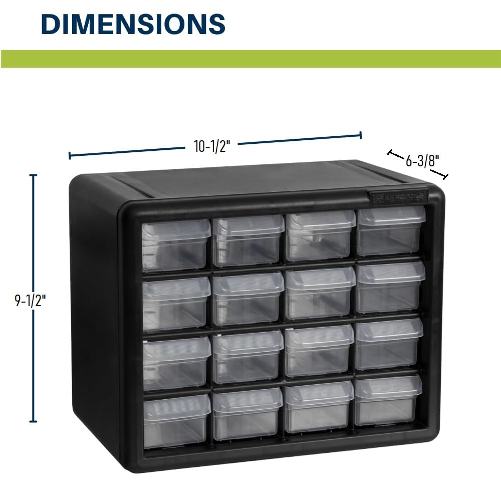 Akro-Mils 16-Drawer Plastic Storage Cabinet | 10-1/2 x 6-1/2 x 8-1/2 Inch | Black | Model 10116 | Garage Organization