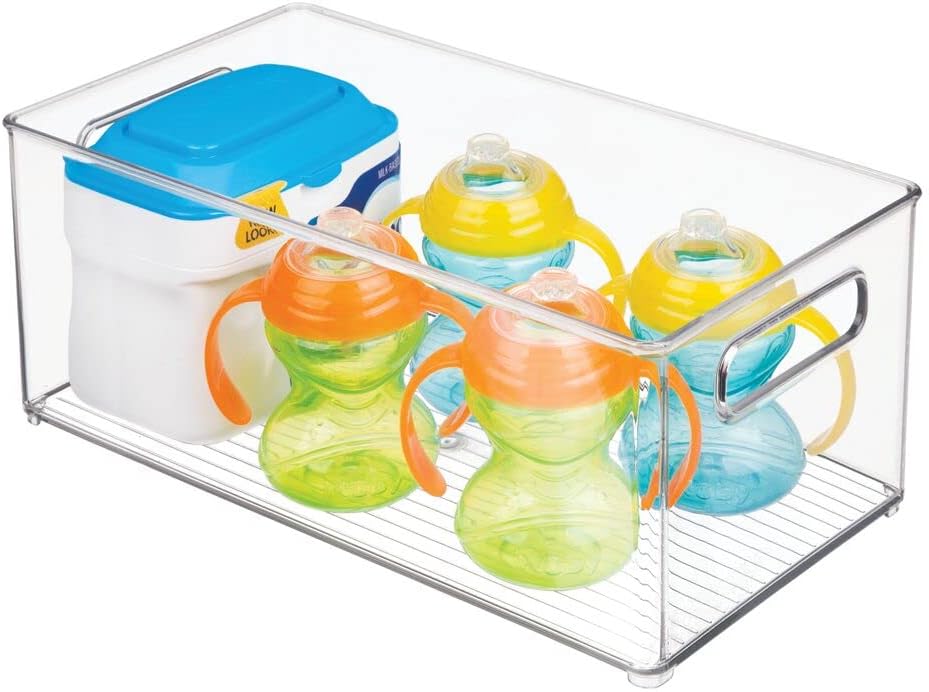 mDesign Plastic Deep Bin Organizer Caddy Container w/ Handles for Nursery, Kitchen, Pantry, Bathroom, Cabinet Storage Organization - Holds Snacks, Bottles, Baby Food Jar, Diaper - 14" Long -Clear