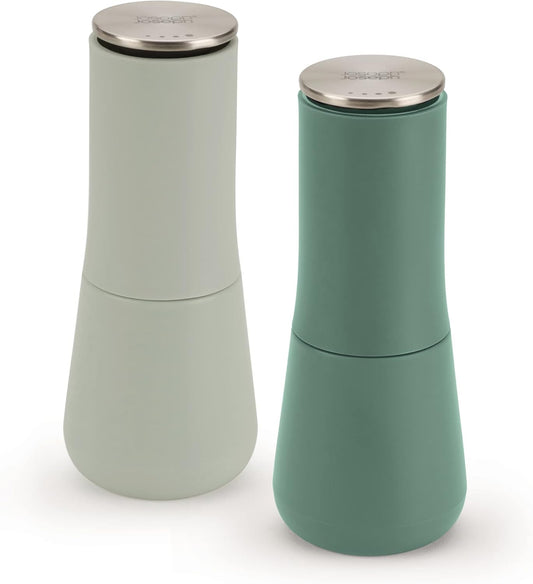 Joseph Joseph Milltop Non-Spill Salt and Pepper Mill 2-piece Set, Refillable with Ceramic Grinder, Adjustable Grinding Size, Sage Green