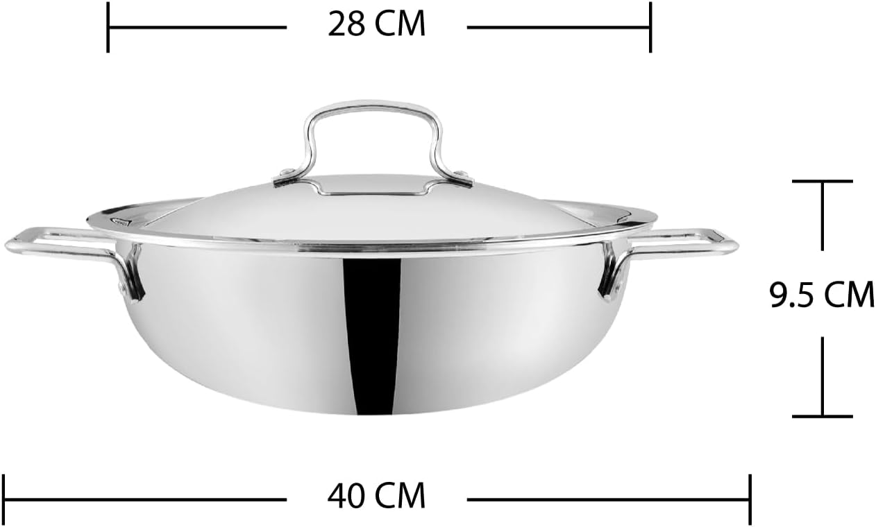 Vinod Platinum Triply Stainless Steel Kadai | Suitable For Indian Cooking, Sauces, Stews, Soups | Extra Deep, Induction, Electric Friendly (28cm)