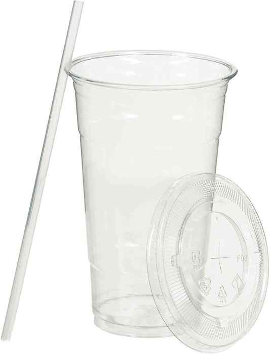 SafeWare Disposable 24oz Clear Plastic Cups with Flat Lids and Straws 400 Sets (4 box of 100)
