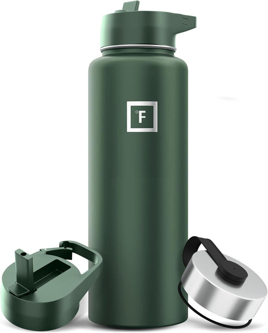 IRON °FLASK Camping & Hiking Hydration Flask with Straw, Wide Mouth Insulated Stainless Steel Sports Water Bottle - 40 oz Sage
