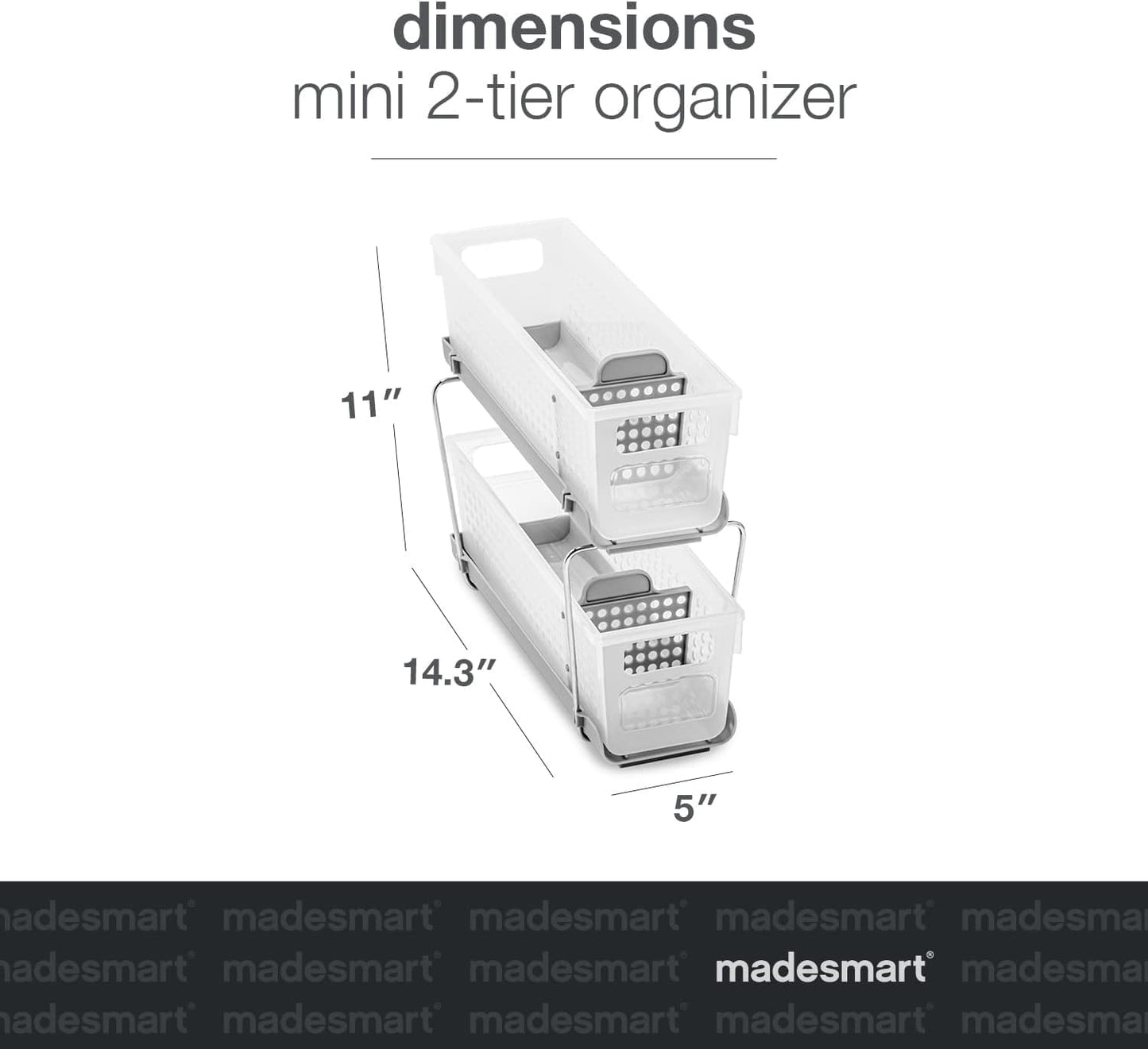 Madesmart 2-Tier Plastic Mini Multipurpose Organizer with Divided Slide-Out Storage Bins, Compact Under Sink and Cabinet Organizer Rack, Frost
