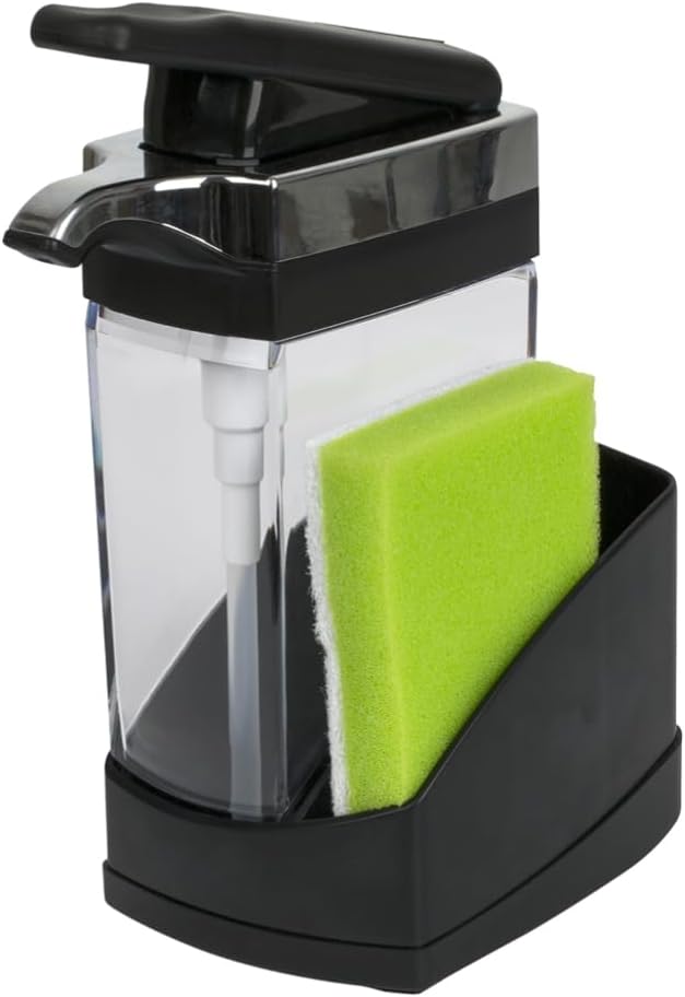 Casabella Sink Sider Solo Kitchen Soap Pump and Sponge Caddy, Black/Chrome - 2-in-1 Soap and Sponge Caddy, One-Hand Soap Dispensing, Ergonomic Design, Easy to Refill and Clean, Efficient Size