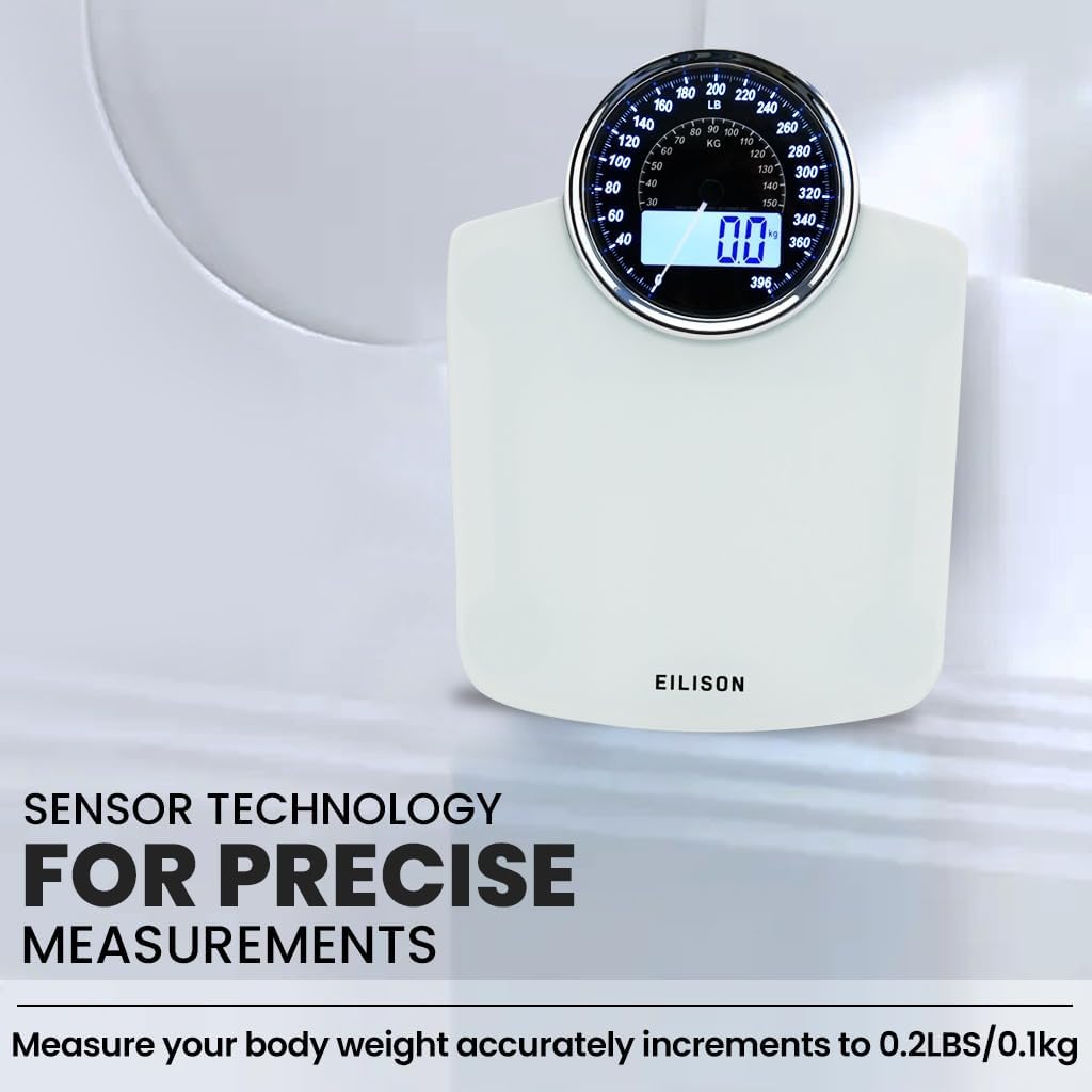 EILISON Highly Advance 2-in-1 Digital & Analog Weighing Scale for Body Weight-400lbs, 4 High Precison GX Sensor Accurate, Thick Tempered Glass, Extra Large Display (White)