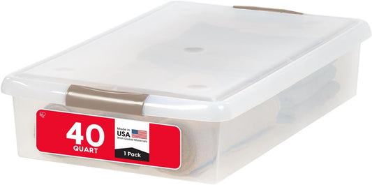IRIS USA 40 Qt Plastic Under Bed Storage Nestable Organizer Bin Container with Secure Lids and Durable Buckles, 1-Pack, Under Bed Storage Containers for Clothes Shoes Bedding, Gray/Clear
