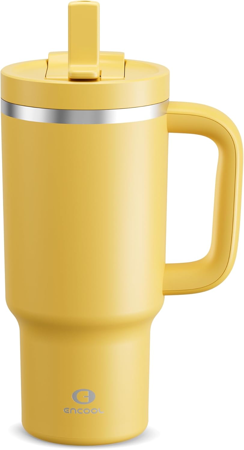 32 oz Tumbler with Handle and Straw: Stainless Steel Insulated Tumbler Keeps Cold for 24 Hours, Leakproof Travel Cup Fits in Cup Holder and BPA-Free, Elfin Yellow
