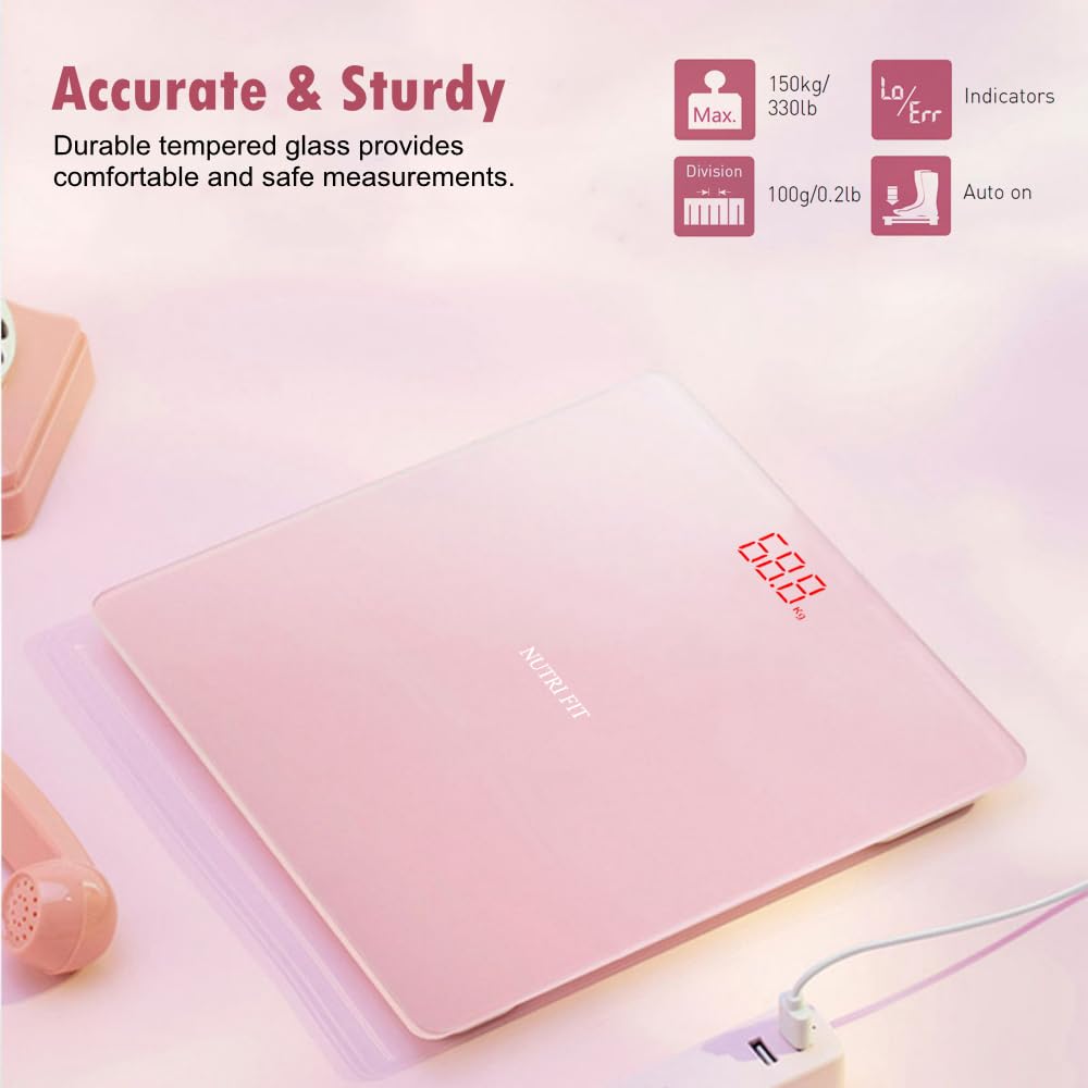 NUTRI FIT Digital Scale for Body Weight, Precision Bathroom Weighing Scale Step-On Technology High Capacity - 330 lb, LED Display with High Precision Measurements, Pink
