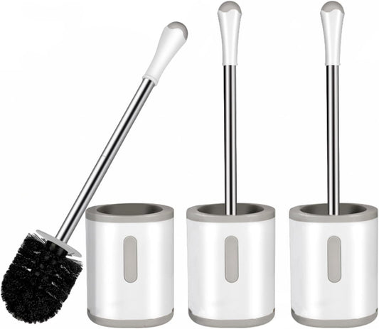 Toilet Brush and Holder Set, 3 Pack with Stainless Steel Handle Toilet Bowl Brush, Compact Toilet Scrubber Brush for Deep Cleaning Bathroom Restroom, Easy to Assemble White & Gray