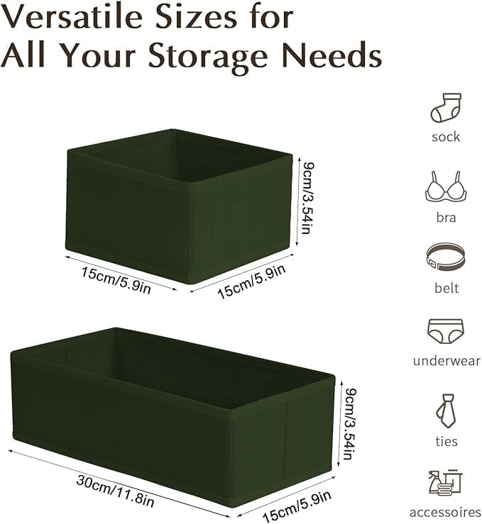 DIMJ Drawer Organizers Clothes, Set of 16 Dresser Organizer Bins, Fabric Closet Organizers and Storage, Shallow Drawer Dividers for Nursery, Clothing, Baby Clothes, Socks, Underwears, Tie (Green)