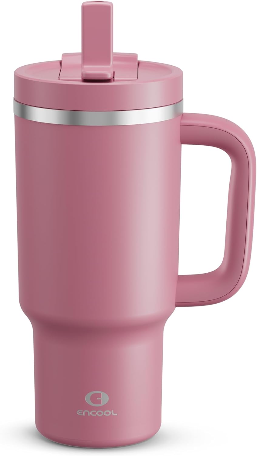 ENCOOL 32 oz Tumbler with Handle and Straw: Stainless Steel Insulated Tumbler Keeps Cold for 24 Hours, Leakproof Travel Cup Fits in Cup Holder and BPA-Free,Turkish Rose