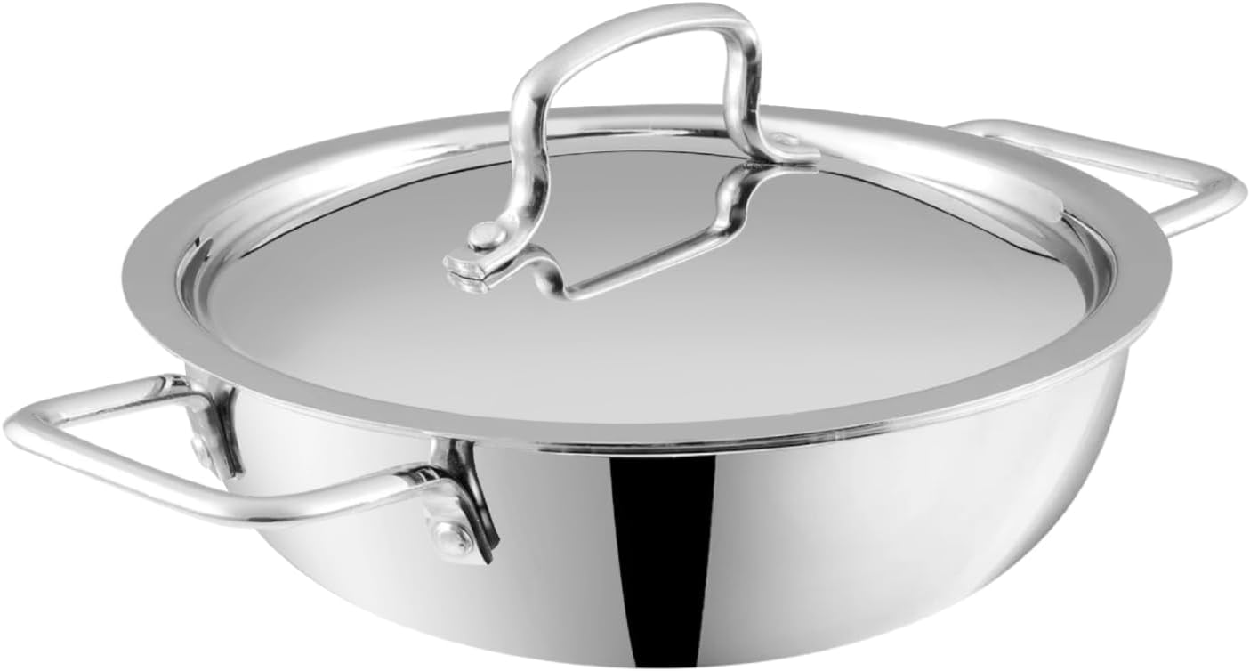 Vinod Platinum Triply Stainless Steel Kadai | Suitable For Indian Cooking, Sauces, Stews, Soups | Extra Deep, Induction, Electric Friendly (22cm)