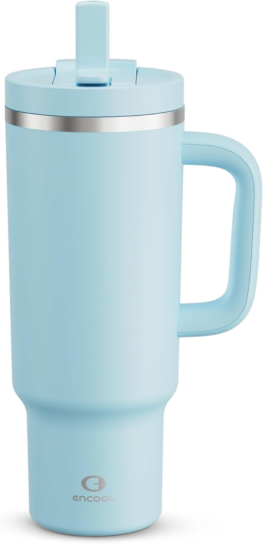 ENCOOL 40 oz Tumbler with Handle and Straw: Stainless Steel Insulated Tumbler Keeps Cold for 24 Hours, Leakproof Travel Cup Fits in Cup Holder and BPA-Free,Pewter Blue