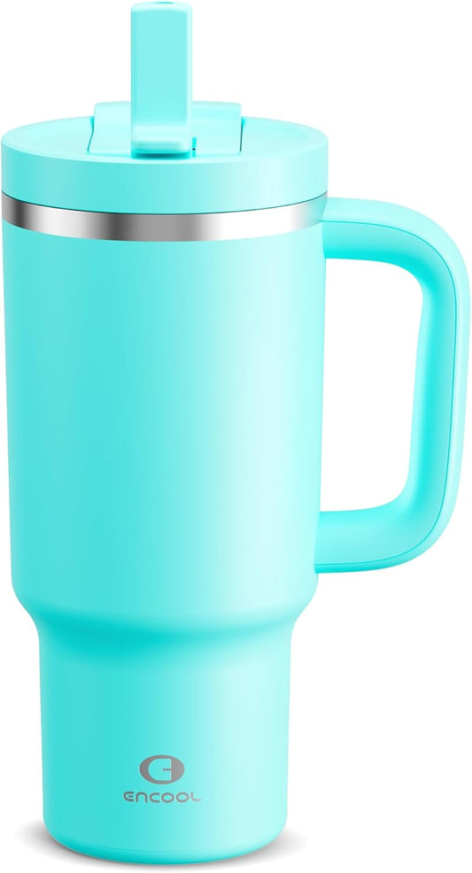32 oz Tumbler with Handle and Straw: Stainless Steel Insulated Tumbler Keeps Cold for 24 Hours, Leakproof Travel Cup Fits in Cup Holder and BPA-Free,Aquamarine Blue