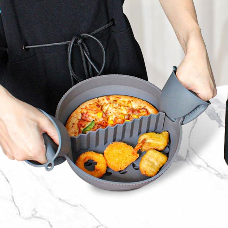 Silicone Air Fryer Liner 8.6" Round for 5–8 QT, With Divider Split for 2 Flavors, Reusable Non-Stick Collapsible Pot Liner, Dishwasher Safe, Heat-Resistant 446°F, RED, 1 Pack