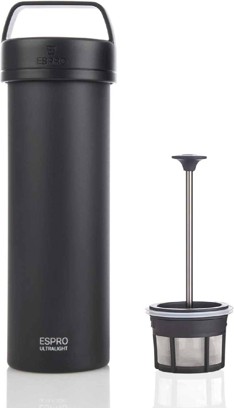 ESPRO P0 Ultralight French Press Coffee Maker for Travel, Vacuum Insulated Stainless Steel, 16 Ounces, Matte Meteorite Black