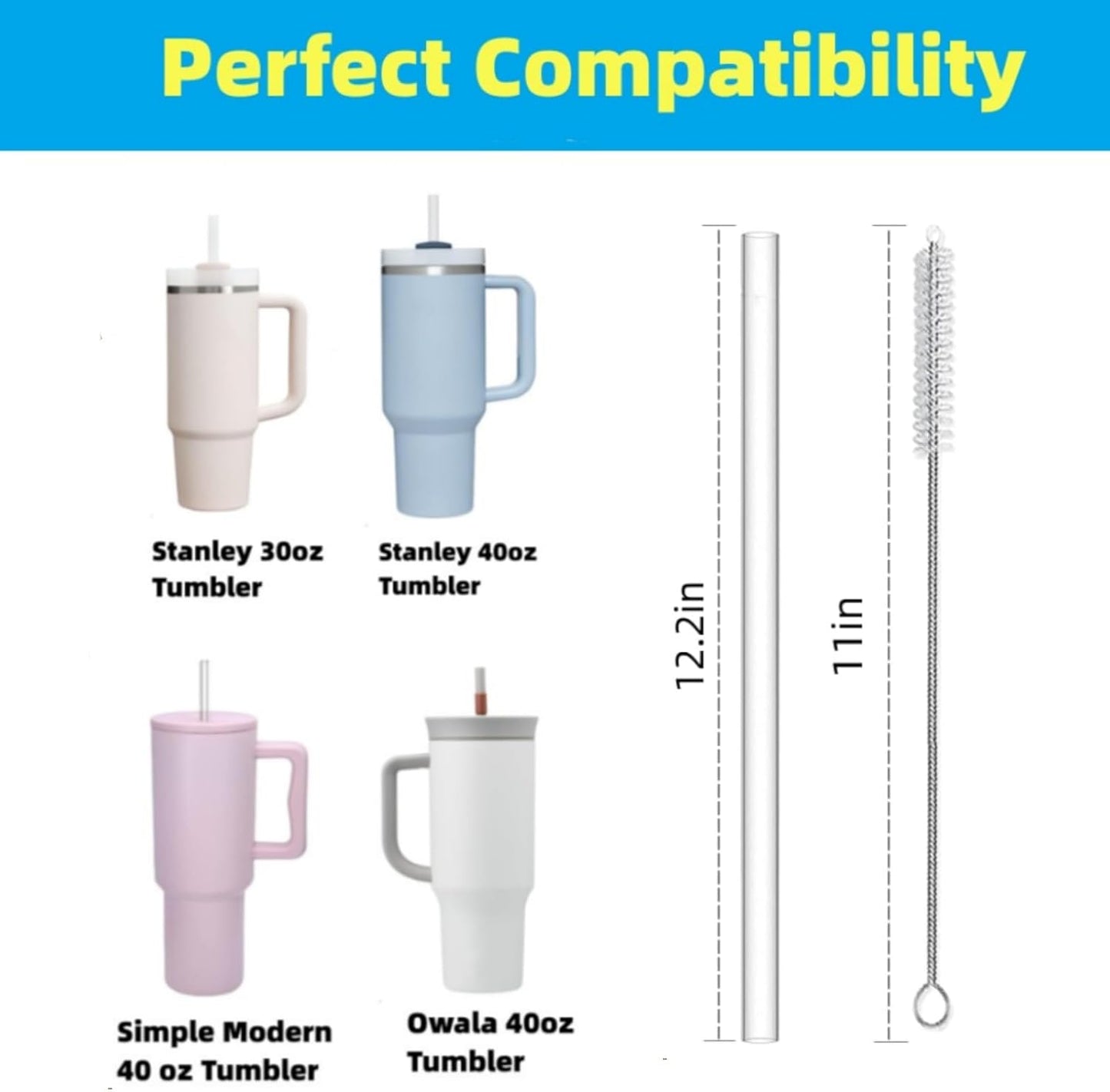 Extra Long Cleaner Brush Compatible for Stanley, Replacement Straw Fit for Stanley Quencher 30oz 40oz Tumbler, Silicone Straw Cover Toppers