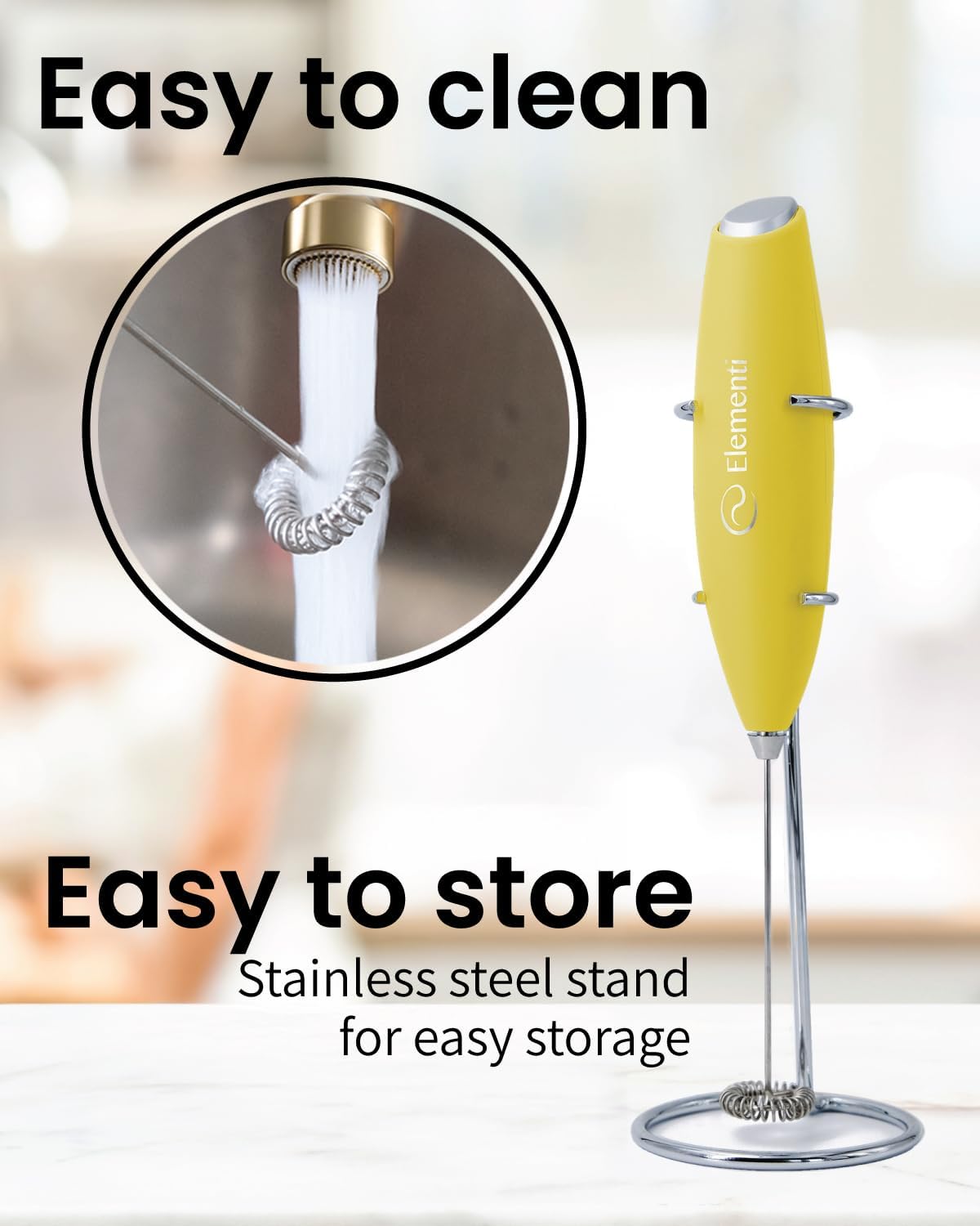Elementi Milk Frother Handheld - Electric Coffee Mixer for Lattes, Cappuccinos and Cold Foam - Compact Drink Frother Wand for Barista-Style Beverages (Yellow)