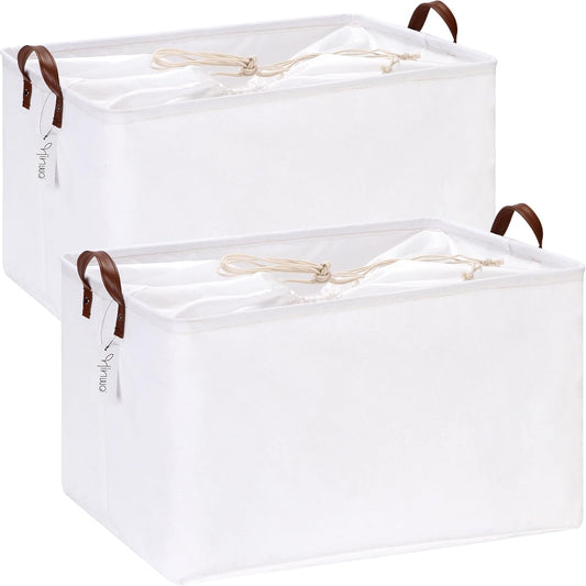 Hinwo 2-Pack Extra Large Canvas Fabric Storage Baskets with Handles, 70L Oversized Storage Bins, Collapsible Storage Box, Clothes, Toys, Blankets Organizers, 22 x 15 x 13 inches, (White)