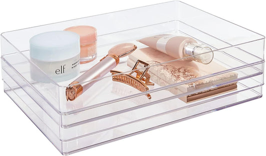 STORi SimpleSort 2-Piece Stackable Clear Drawer Organizer Set | 12" x 9" x 2" Rectangle Trays | Wide Makeup Vanity Storage Bins and Office Desk Drawer Dividers | Made in USA