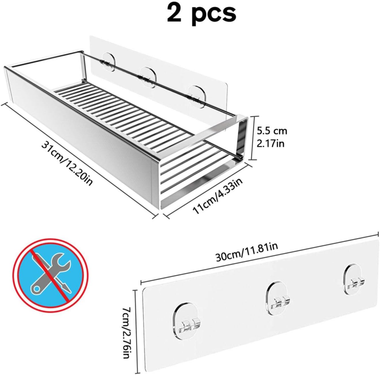 Bathroom Adhesive Shower Caddy Basket Shelf with Hooks, No Drilling Removable Bathroom Shelf Organizer,Stainless Steel Rustproof Shower Rack for Shampoo Storage, Sponge Holder-Silver