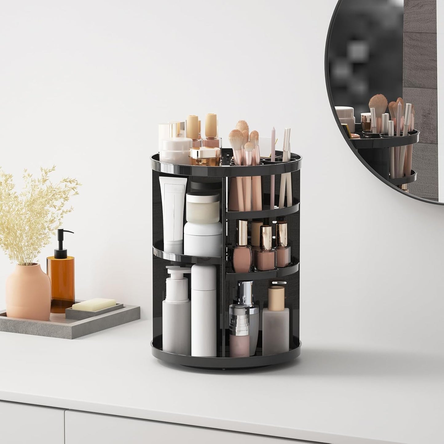 Rotating Makeup Organizer for Vanity, 360 Spinning Skincare Organizers with Adjustable Trays, Make Up Desk Storage Carousel Rack, Cosmetic Display Cases for Dresser Bathroom Countertop