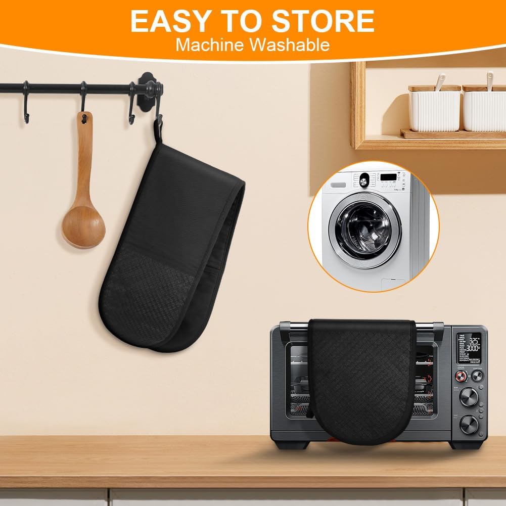 AUAUY Black Double Oven Mitts, 250°C/482°F Heat Resistant BBQ Mittens with Ropes, Silicone Non-Slip Design Kitchen Mittens, Cooking Glove Top Kitchen Gadgets for Cooking Baking Grilling