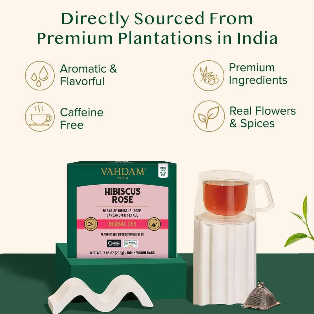 VAHDAM, Hibiscus Rose Tea Bags - 100% Whole Hibiscus Flowers Herbal Tea Bags (100 Count) With Rose, Chamomile & Exotic Spices | Caffeine Free, Floral Flavor Tisane | Resealable Ziplock Pouch