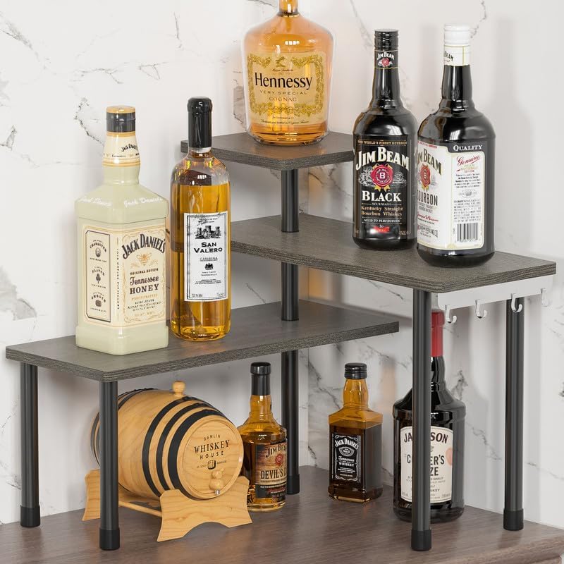 ZHWS Kitchen Countertop Organizer, Bathroom Counter Organizer, Adjustable 3 Tier Corner Shelf with 4 Metal Hooks for Counter Organize, Spice Rack, Makeups, Coffee Station Bookshelf (Rustic Grey)