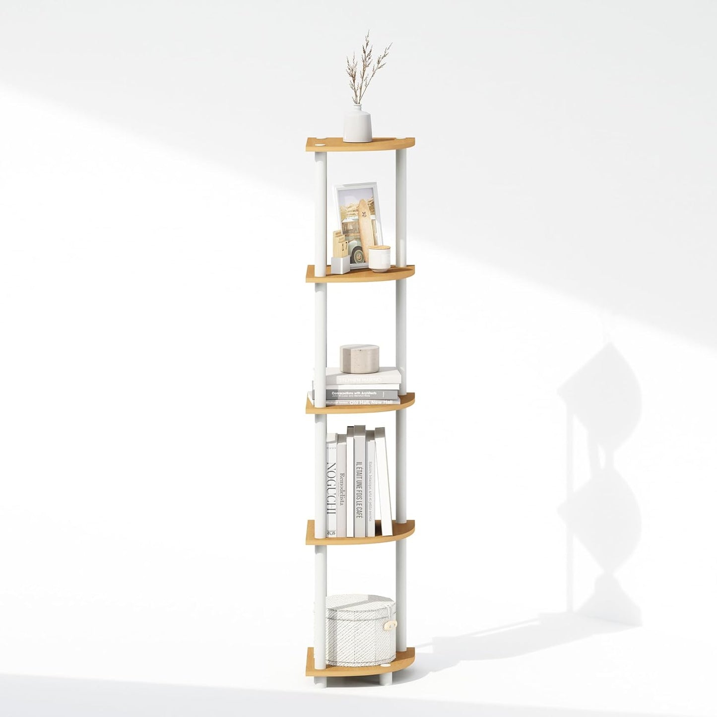 Furinno Turn-N-Tube Corner Shelf, 5-Tier Corner Display Rack, Shelving Unit, for Organization and Storage, Living Room, Home Office, Garage, Bedroom, Beech