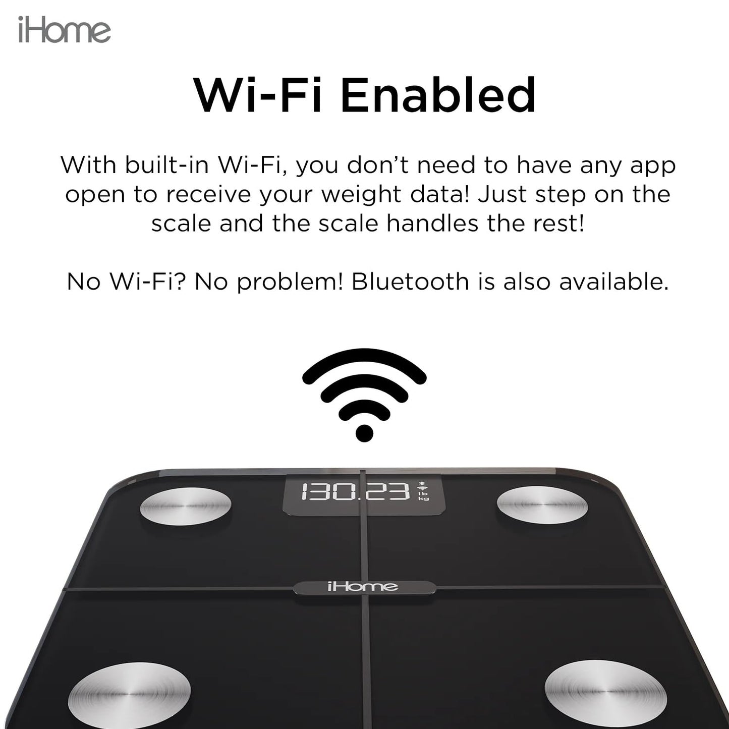 iHome Digital WiFi Smart Scale for Body Weight, Weight Scale, Including BMI, Body Fat, Muscle Mass, Batteries Included (Black Smart WiFi)
