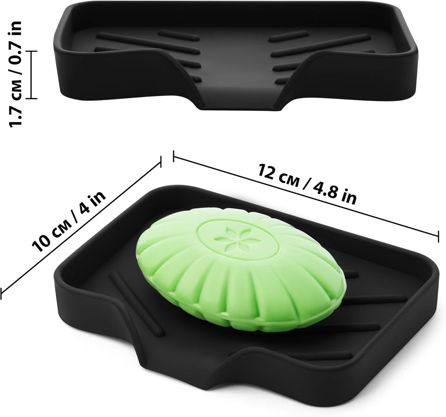 Black Silicone Soap Dish Tray, Self Draining Soap Holder for Bar Soap, Silicone Soap Tray with Drainage, Dish Soap Tray for Kitchen Counter, Plastic Free, S(4.7x3.5)