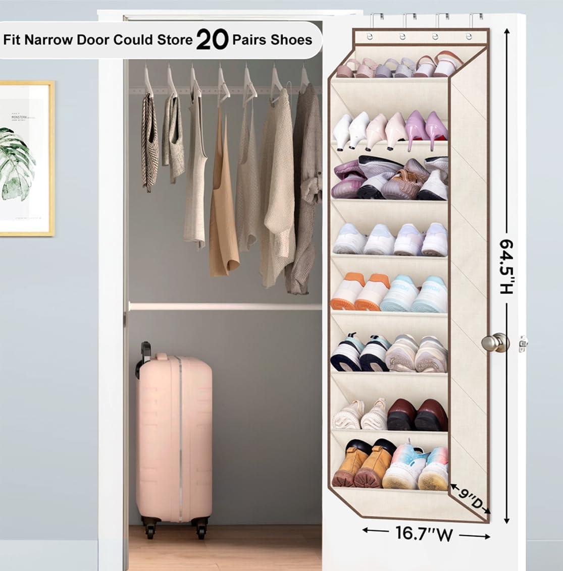 SLEEPING LAMB Over The Door Shoe Organizer for Closet with Large Deep Pockets, Narrow Shoe Rack for Door Hanging Boots Storage, Beige