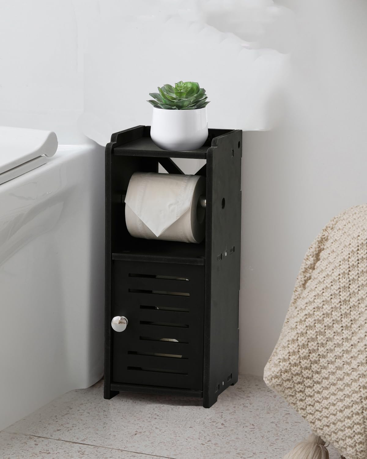 AOJEZOR Toilet Paper Holder Stand: PVC Freestanding Bathroom Cabinet Storage for Apartment Dwellers - Slim Bathroom Storage - Black