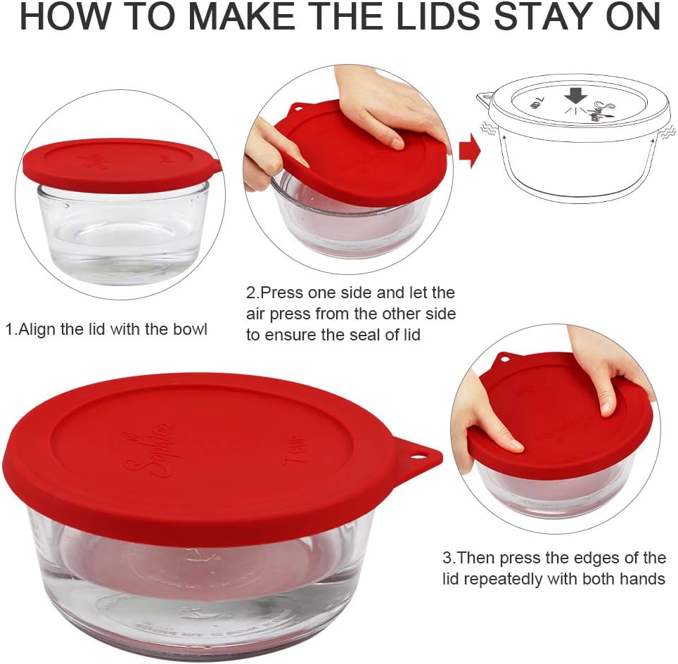 Sophico Round Silicone Storage Cover Lids Replacement for Anchor Hocking and Pyrex 7402-PC 6/7 Cup Glass Bowls (Container not Included) (Red - 2 pack)