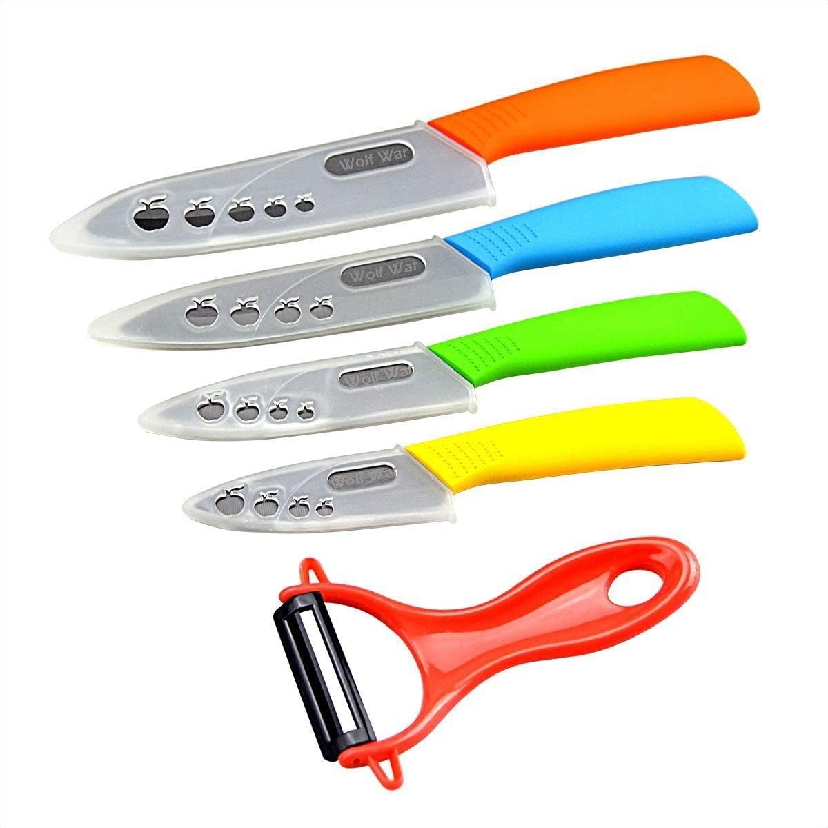 Kitchen Ceramic Knife Set Professional With Sheaths - Super Sharp Rust Proof Stain Resistant (6" Chef, 5" Utility, 4" Fruit, 3" Paring, One Peeler)