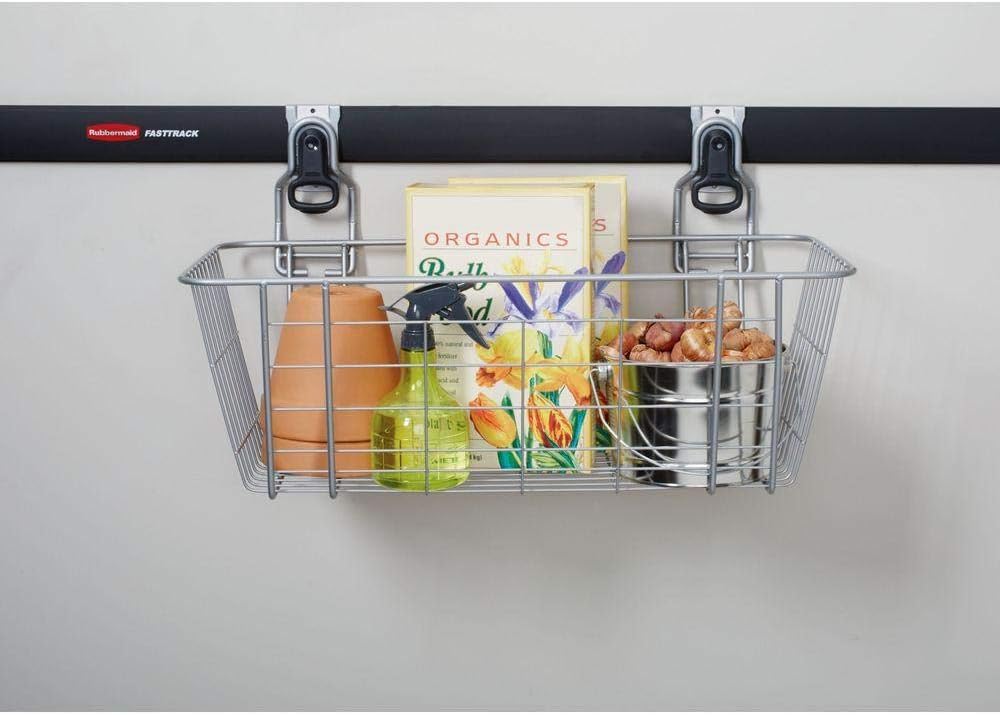 Rubbermaid Garage FastTrack Wire Mesh Basket Wall Mounted Storage System Holds up to 50 pounds Satin Nickel for Tool/Toy/Sports Equipment