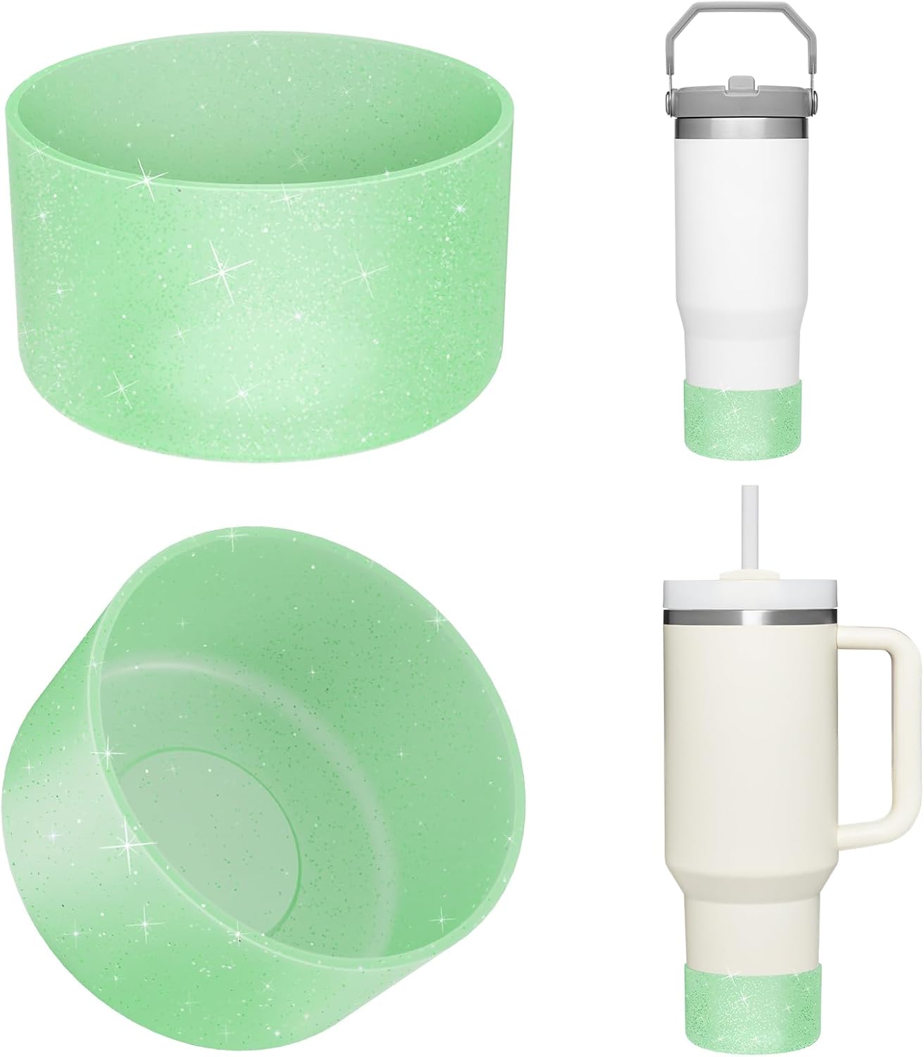 Upgrade 2PCS Protective Silicone Boot Bumper for Stanley Quencher Adventure 40oz 30oz IceFlow 20oz 30oz Tumbler, Water Bottle Bottom Sleeve Cover Accessories for Stanley Mug Cup(Glitter Green)