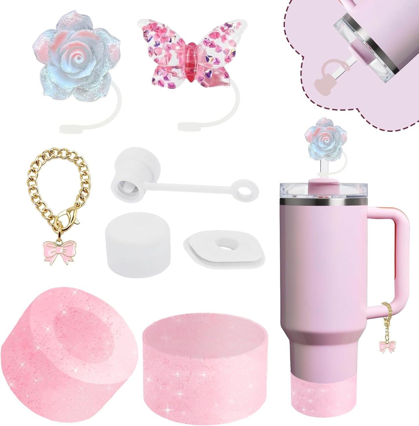 Stanley Cup Accessories Set,Including 2 Pcs 0.4in Straw Cover, 1 Silicone Spill-Proof Stopper Set of 3, 1 Cute Maple Handle Charm, 1 Silicone Boot Fits Stanley 40&30 Oz Tumbler (Peony 2.0)