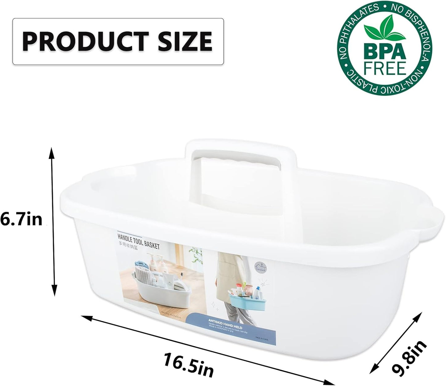 Large Cleaning Supplies Caddy Portable Shower Basket Supply Organizer with Handle Plastic Bucket Tool Storage for Bathroom, Bedroom, Kitchen, College Dorm, Garden, White