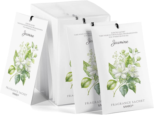 MYARO 12 Packs Jasmine Scented Sachets for Drawer and Closet, Long-Lasting Air Freshener Sachet Bag Drawer Car Bathroom Deodorizers Fresh Scent Home Fragrance