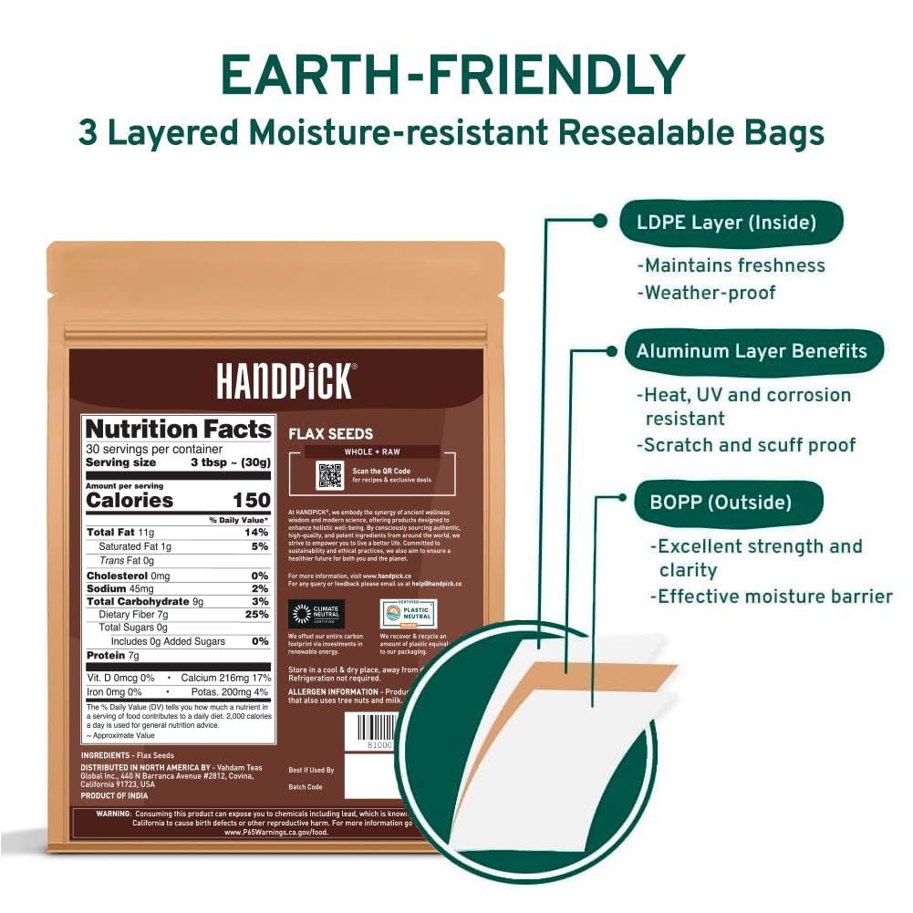 HANDPICK Flax Seed (2 lb) | Gluten Free Brown Seeds | Raw Seeds Sourced from India | Grinds easily, Gels perfectly | Resealable Zip Lock Pouch