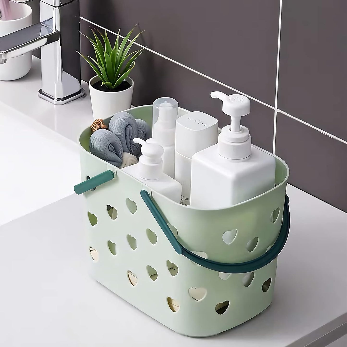 Anyoifax Portable Shower Caddy Tote Plastic Storage Basket with Handle Box Organizer Bin for Bathroom, Pantry, Kitchen, College Dorm, Garage - Green