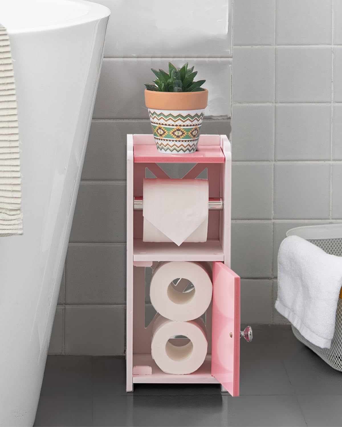 AOJEZOR Toilet Paper Holder Stand: PVC Freestanding Cabinet Storage for Small Bathroom Spaces for Homes and Renters-Jelly Pink
