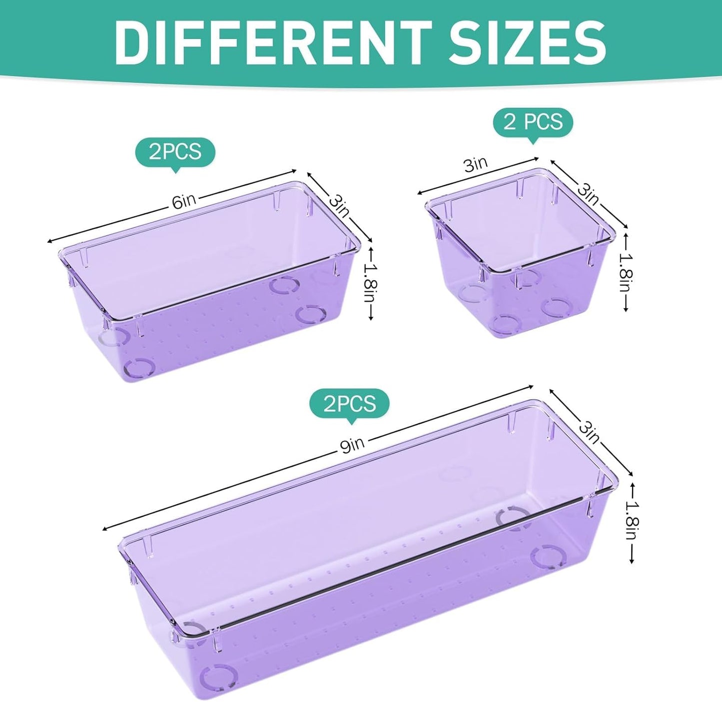 WOWBOX 6 Pack Clear Drawer Organizer Set, Acrylic Drawer Storage Trays, Storage Bins for Makeup, Cosmetics, Jewelries, Utensils, Gadgets, Office, Purple