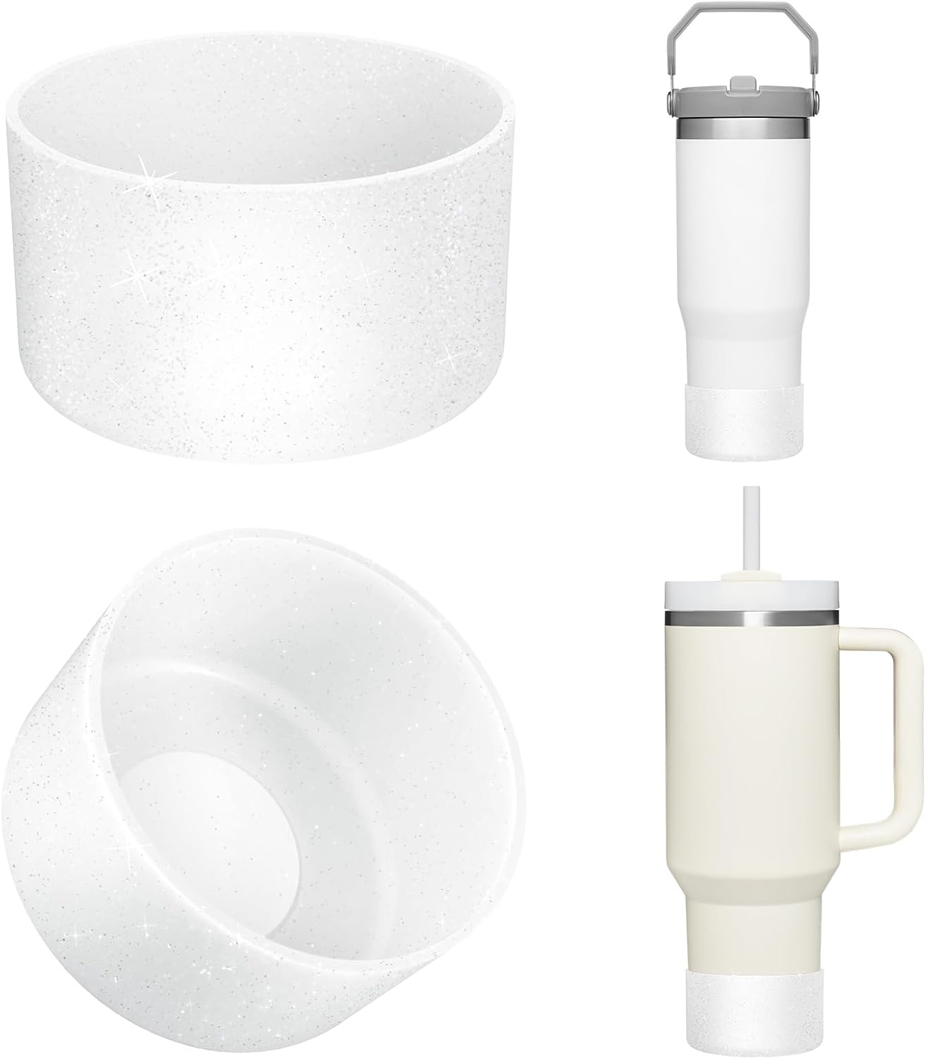 Upgrade 2PCS Protective Silicone Boot Bumper for Stanley Quencher Adventure 40oz 30oz IceFlow 20oz 30oz Tumbler, Water Bottle Bottom Sleeve Cover Accessories for Stanley Mug Cup(Glitter Silver)